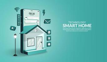 smart home-technologieconcept, elektronisch apparaat bestuurd door domoticasysteem, internet of things-technologieverbindingen via smartphone vector