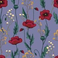 papaver, wild bloemen hand- getrokken naadloos patroon. abstract botanisch schetsen van veld- planten. gekleurde wijnoogst bloemen achtergrond. teder ontwerp voor behang, kleding stof, afdrukken, decor, textiel, inpakken vector