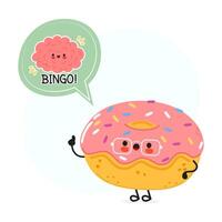 donut met toespraak bubbel en hersenen karakter. hand- getrokken tekenfilm kawaii karakter illustratie. geïsoleerd wit achtergrond. donut poster en hersenen vector