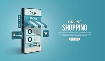 online winkelen op website en mobiele applicatie via smartphone, digitale marketingwinkel en winkelconcept vector