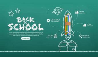 kleurpotloden raket lancering out of the box infographic, welkom terug op school achtergrond vector