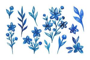 set met blauwe aquarel wilde bloemen en planten vector