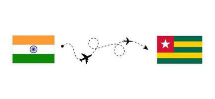 vlucht en reis van india naar togo per passagiersvliegtuig reisconcept vector