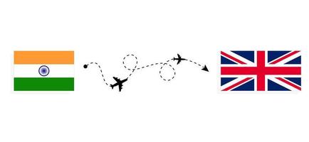 vlucht en reis van india naar het verenigd koninkrijk van groot-brittannië per passagiersvliegtuig reisconcept vector