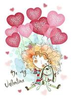 een valentijnskaart. schattig meisje met speelgoed en ballonnen in de vorm van harten. wees mijn Valentijn. vector.