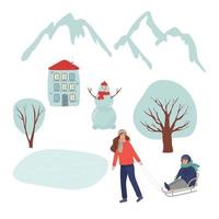 winterseizoen instellen vectorillustratie. mensen in park.christmas stedelijk landschap. mensen familie set. moeder draagt zoon op slee. platte karakters. sneeuwman, landschap. slee, bergen, boom, huis vector