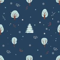 naadloos kerstpatroon met boom, sneeuwvlokken. winter boslandschap. hand tekenen vectorillustratie. platte cartoon afbeelding. voor kinderen textiel, inpakpapier, behang, inpakpapier vector