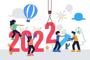 mensen illustratie welkom voor het nieuwe jaar. maak je allemaal klaar en werk samen om de vector 2021 tot 2022 te vervangen. jaar veranderend ontwerp