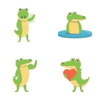 grappig krokodil pictogrammen reeks tekenfilm . schattig groen krokodil vector