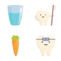 reeks van schattig tekenfilm tandheelkundig pictogrammen inclusief een glas van water, glimlachen tand, tandenborstel, wortel, en tand met een beugel vector