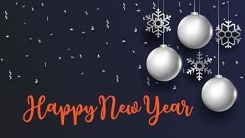 Gelukkig Nieuwjaar viering poster met zilveren glazen bollen en sneeuwvlokken vector