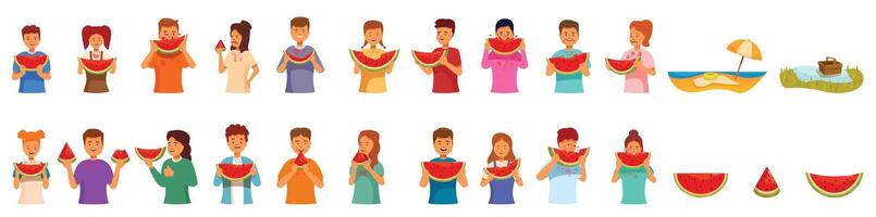 kinderen eten watermeloen pictogrammen reeks . een groep van mensen zijn Holding watermeloenen en aan het eten hen vector