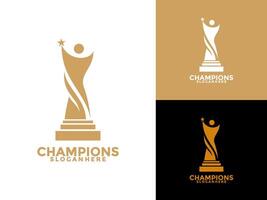 prijs winnaar logo ontwerp sjabloon concept illustratie, trofee met ster en abstract mensen vector