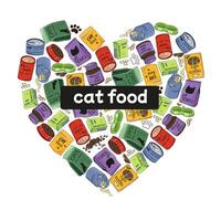 reeks van kat voedsel in de vorm van een hart. kleur beeld van huisdier voedsel. vector