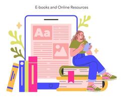 e-books en online middelen concept een leerling verdiept in digitaal lezing materiaal, omringd door traditioneel boeken, mengen oud en nieuw kennis mediums illustratie vector