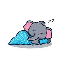tekenfilm illustratie ontwerp van een schattig en kawaii olifant slapen met een hoofdkussen en deken vector
