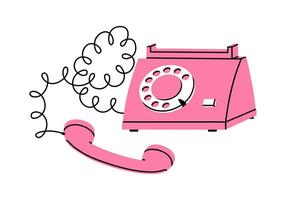 hand- getrokken schattig tekenfilm illustratie van roze retro bedrade telefoon. vlak oud telefoon sticker in gemakkelijk gekleurde tekening stijl. maken een telefoongesprek. plukken omhoog de telefoon icoon of afdrukken. geïsoleerd Aan wit. vector