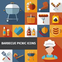 Barbecue picknick plat pictogrammen instellen vector