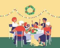 een gezin met een hond viert Thanksgiving aan de feesttafel vector