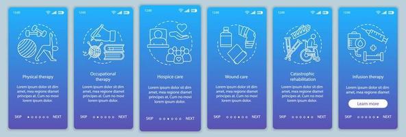 verpleging dienst onboarding mobiele app pagina scherm vector sjabloon. stappen voor de website van het revalidatiecentrum. therapie, wondverzorging, hospice. ux, ui, gui smartphone-interfaceconcept