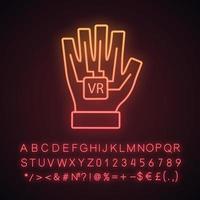 vr handschoen neon licht icoon. haptische, bedrade handschoen. datahandschoen, cyberhandschoen. gloeiend bord met alfabet, cijfers en symbolen. vector geïsoleerde illustratie