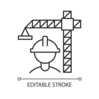 lineaire pictogram van de bouwsector. bouwsector. kraanbouwer in helm. vastgoed Ontwikkeling. dunne lijn illustratie. contour symbool. vector geïsoleerde overzichtstekening. bewerkbare streek