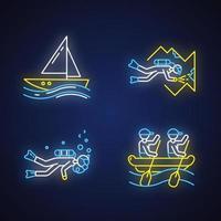 watersport neonlicht pictogrammen instellen. grotduiken, zeilen en raften. extreme sporten. zomervakantie, avontuur en hobby, strandactiviteiten. gloeiende borden. geïsoleerde vectorillustraties vector