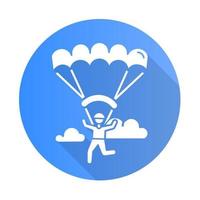 paragliding blauwe platte ontwerp lange schaduw glyph pictogram. parachutespringen, parachutistenactiviteit. parachutespringen, deltavliegen recreatie. vluchten in de lucht en springt met parachute. vector silhouet illustratie