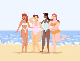 lichaam positieve platte vectorillustratie. strijd voor gelijkheid en feminisme. vrije tijd op zee. lachende dames van verschillende nationaliteiten op het strand van de zee. vrouwen gekleed in zwemkleding stripfiguren vector