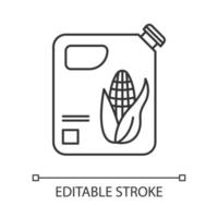 plastic fles maïsolie lineair pictogram. organische chemie. plantaardige olie. maïs ethanol. vervanging van benzine. dunne lijn illustratie. contour symbool. vector geïsoleerde overzichtstekening. bewerkbare streek