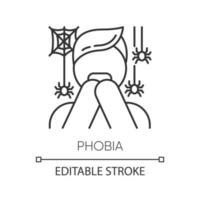 fobie lineaire pictogram. angst voor spinnen. arachnofobie. bange persoon, doodsbange man. verschrikking. mentale stoornis. dunne lijn illustratie. contour symbool. vector geïsoleerde overzichtstekening. bewerkbare streek