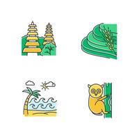 Indonesië gekleurde pictogrammen instellen. tropische landdieren. vakantie op Indonesische eilanden. het verkennen van exotische dieren in het wild. unieke flora en fauna. Bali bezienswaardigheden en architectuur. geïsoleerde vectorillustraties vector