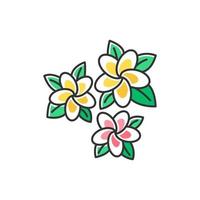 Plumeria roze en gele kleur icoon. drie exotische regio bloemen. flora van de Indonesische jungle. kleine tropische planten. bloesem van frangipani met bladeren. aard van Bali. geïsoleerde vectorillustratie vector