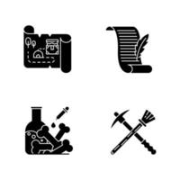 archeologie glyph pictogrammen instellen. schatkaart. oud handschrift. laboratorium onderzoek. restauratie. historische ontdekkingen. houweel en borstel. poëzie, brief. silhouet symbolen. vector geïsoleerde illustratie