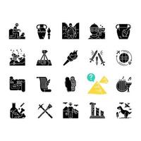 archeologie glyph pictogrammen instellen. onderzoeker bij opgravingen. oude artefacten. prehistorisch leven. verloren steden. cultuur. veldonderzoek. restauratie. geflambeerd. silhouet symbolen. vector geïsoleerde illustratie