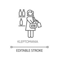 kleptomanie lineaire pictogram. vrouw steelt alcohol. middelenmisbruik. obsessief-compulsief spectrum. mentale stoornis. dunne lijn illustratie. contour symbool. vector geïsoleerde overzichtstekening. bewerkbare streek