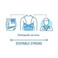 orthopedisch dienstenconcept icoon. klinisch onderzoek idee dunne lijn illustratie. verwonding, traumabehandeling, breuk. orthopedist. medisch korset. vector geïsoleerde overzichtstekening. bewerkbare streek