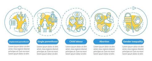 sociale kwesties vector infographic sjabloon. alleenstaand ouderschap, kinderarbeid, abortus, genderongelijkheid. datavisualisatie met vijf stappen. proces tijdlijn grafiek. workflowlay-out met lineaire pictogrammen