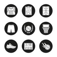 basketbal pictogrammen instellen. shirt, korte broek en schoen, speelplan, veld, hoepel, brandende bal, scorebord. vector witte silhouetten illustraties in zwarte cirkels