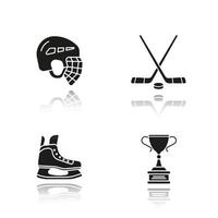 hockey apparatuur slagschaduw zwarte pictogrammen instellen. helm, schaats, stokken, winnaarsprijs. geïsoleerde vectorillustraties vector