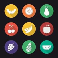 fruit platte ontwerp lange schaduw iconen set. meloenschijfje, sinaasappel, peer, twee kersen, bananenbundel, tros druiven, appel, ananas, watermeloen. vector silhouet illustratie