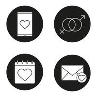 Valentijnsdag pictogrammen instellen. 14 februari kalender, smartphone dating app, liefdesbrief, hart met in elkaar grijpende mars en venus symbolen. vector witte silhouetten illustraties in zwarte cirkels
