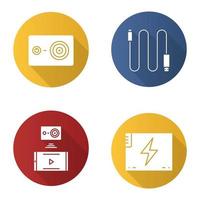 actie camera plat ontwerp lange schaduw iconen set. mini usb-kabel, batterij, actiecamera naar smartphone draadloze verbinding. vector silhouet illustratie