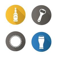 bier platte ontwerp lange schaduw iconen set. bierflesje, opener, dop en vol schuimend glas. vector silhouet symbolen