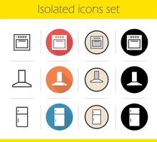 keuken interieur pictogrammen instellen. plat ontwerp, lineaire, zwarte en kleurstijlen. afzuigkap, koelkast, kookplaat. geïsoleerde vectorillustraties vector