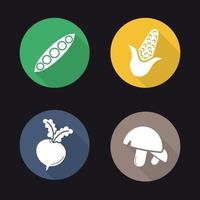 groenten platte ontwerp lange schaduw iconen set. open peul, maïs, biet, champignons. vector silhouet illustratie