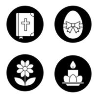 Pasen pictogrammen instellen. heilige bijbel, paasei met strik en lint, kamille, eieren en kaars op plaat. vector witte silhouetten illustraties in zwarte cirkels
