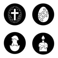 Pasen pictogrammen instellen. pasgeboren kip, kruis met licht rond, paasei, smeltende kaars. vector witte silhouetten illustraties in zwarte cirkels