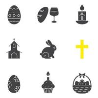 Pasen glyph pictogrammen instellen. 16 april silhouet symbolen. wijn en brood, kruis, kerk, paashaas, eieren in mand, cake met kaars. vector geïsoleerde illustratie