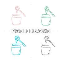 honingpot met dipper hand getrokken pictogrammen instellen. kleur penseelstreek. geïsoleerde vector schetsmatige illustraties